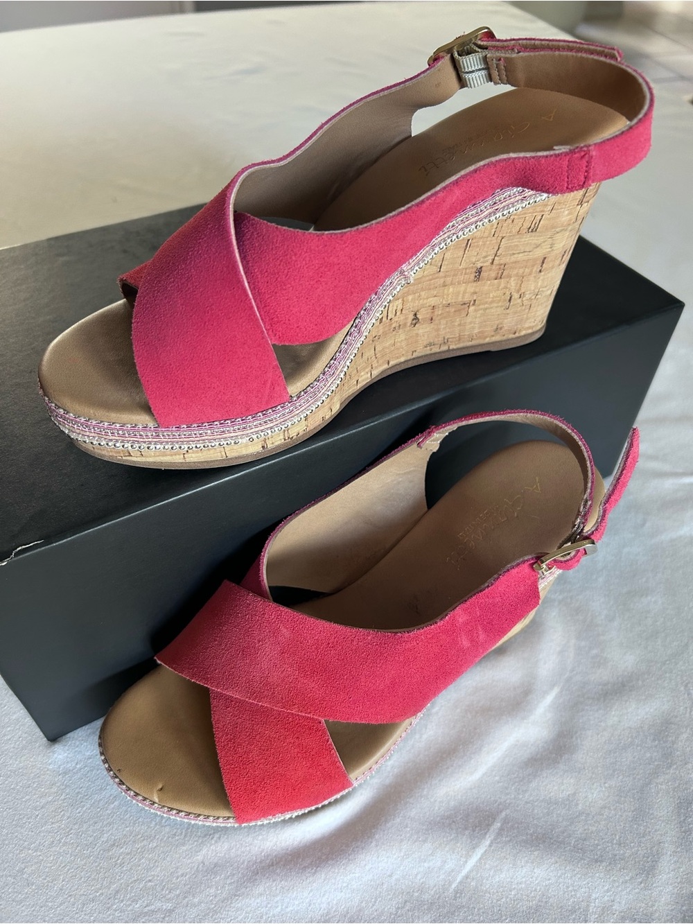 A. Giannetti Red Suede Cork Wedge Sandals Made in Italy